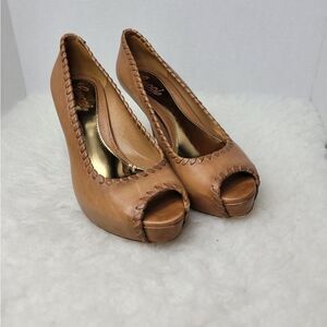 Gucci Brown Leather Whipstitch Trim Pumps Open Toe 264984 Heel Shoes Size 7 US